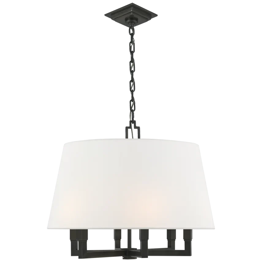 Additional view of Square Tumy Hanging Shade, featuring matte finish, metal, fabric shade, and chain-hung ceiling suspension.