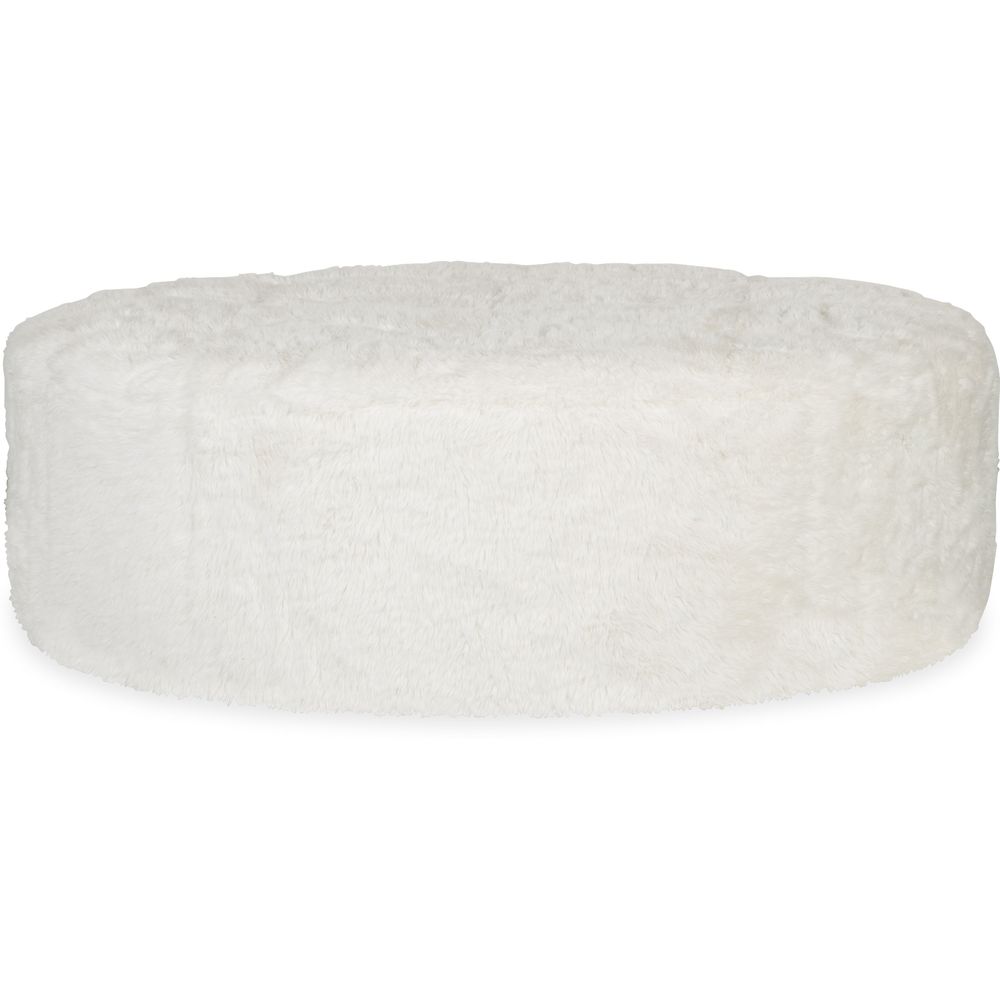 Barefoot Ottoman, shown in white and ivory with faux fur, plush textile, and a upholstered cushioned top.