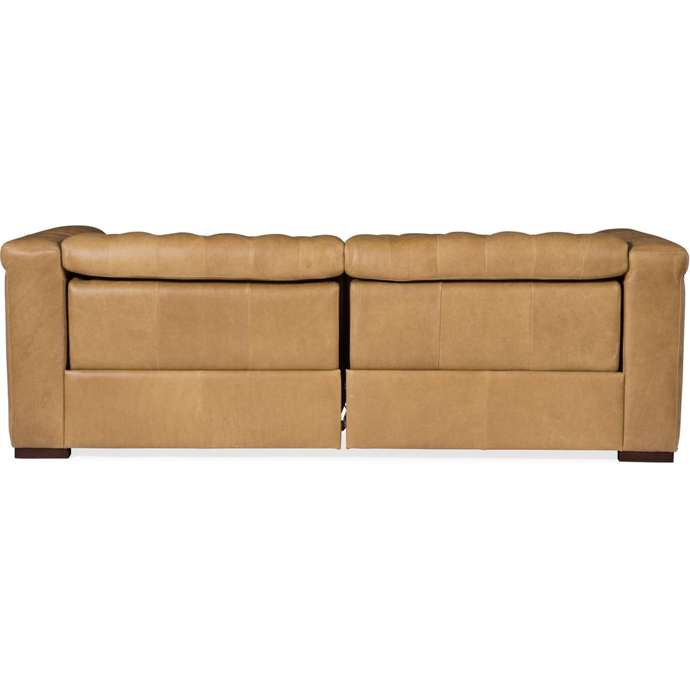 Additional view of Savion 1.5 LAF/RAF 2 over 2 Sofa w/ Power Recliner and Headrest in camel and caramel tan.