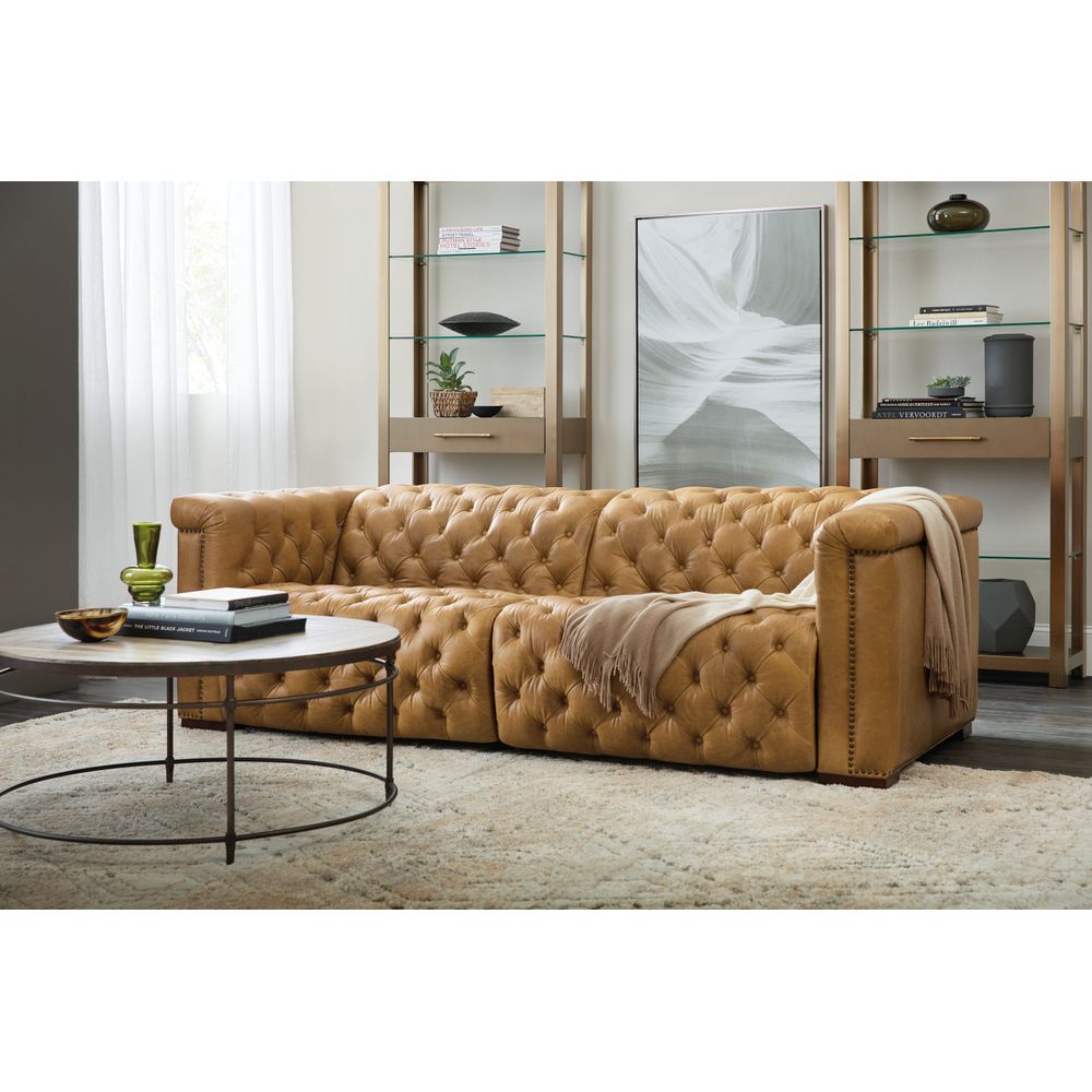 Alternate view of Savion 1.5 LAF/RAF 2 over 2 Sofa w/ Power Recliner and Headrest in camel and caramel tan.