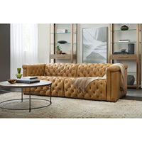 Alternate view of Savion 1.5 LAF/RAF 2 over 2 Sofa w/ Power Recliner and Headrest in camel and caramel tan.