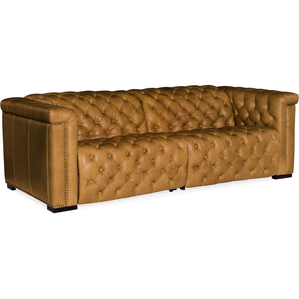 Savion 1.5 LAF/RAF 2 over 2 Sofa w/ Power Recliner and Headrest, shown in camel and caramel tan with leather and wood.