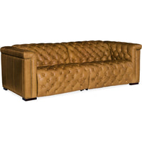 Savion 1.5 LAF/RAF 2 over 2 Sofa w/ Power Recliner and Headrest, shown in camel and caramel tan with leather and wood.