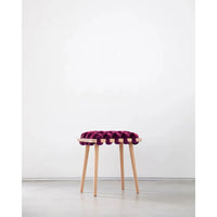 Burgundy Velvet Woven Stool, shown in burgundy and natural light wood with velvet, beechwood, and four fixed tapered legs.