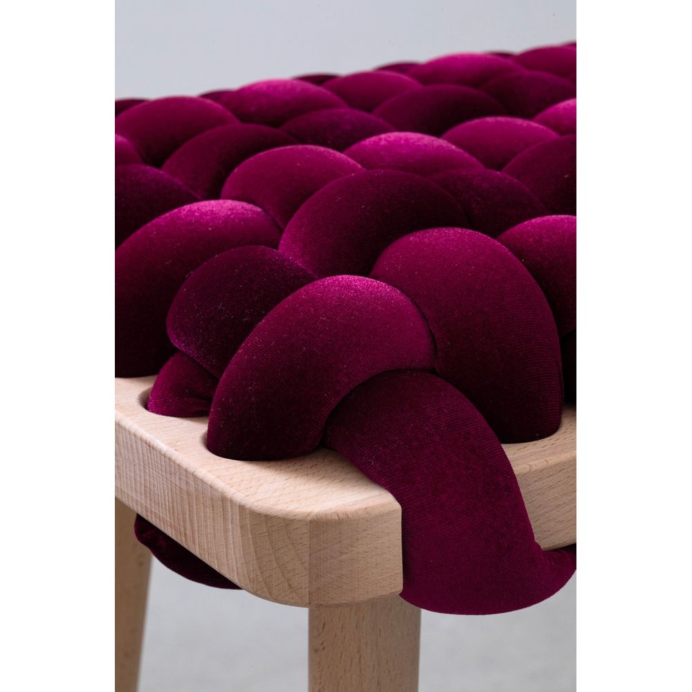 Additional view of Burgundy Velvet Woven Bench in burgundy and magenta, featuring four fixed tapered legs.