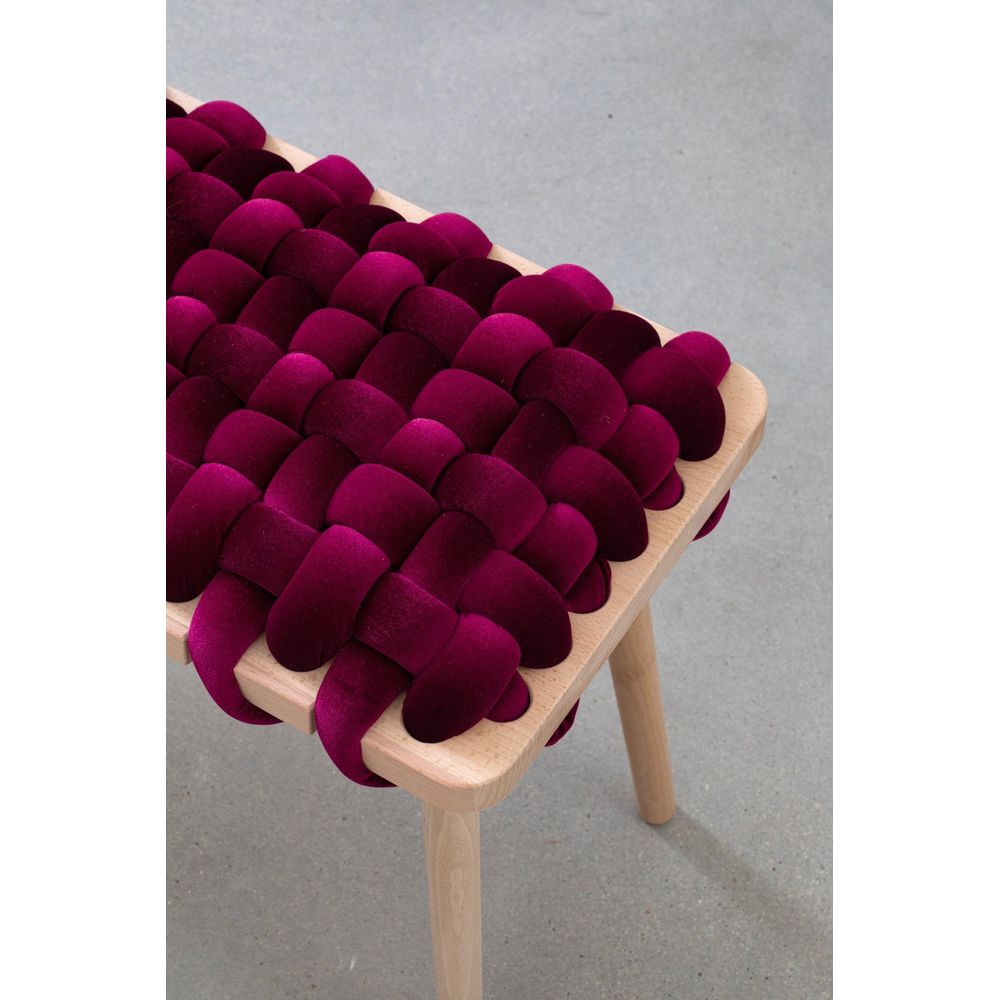 Alternate view of Burgundy Velvet Woven Bench, featuring velvet, wood, and four fixed tapered legs.