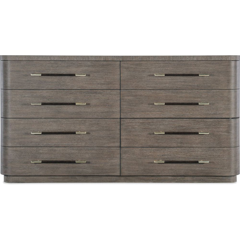 Modern Mood Dresser, shown in warm charcoal gray and greige brown with wood, metal, and eight-drawer storage configuration.