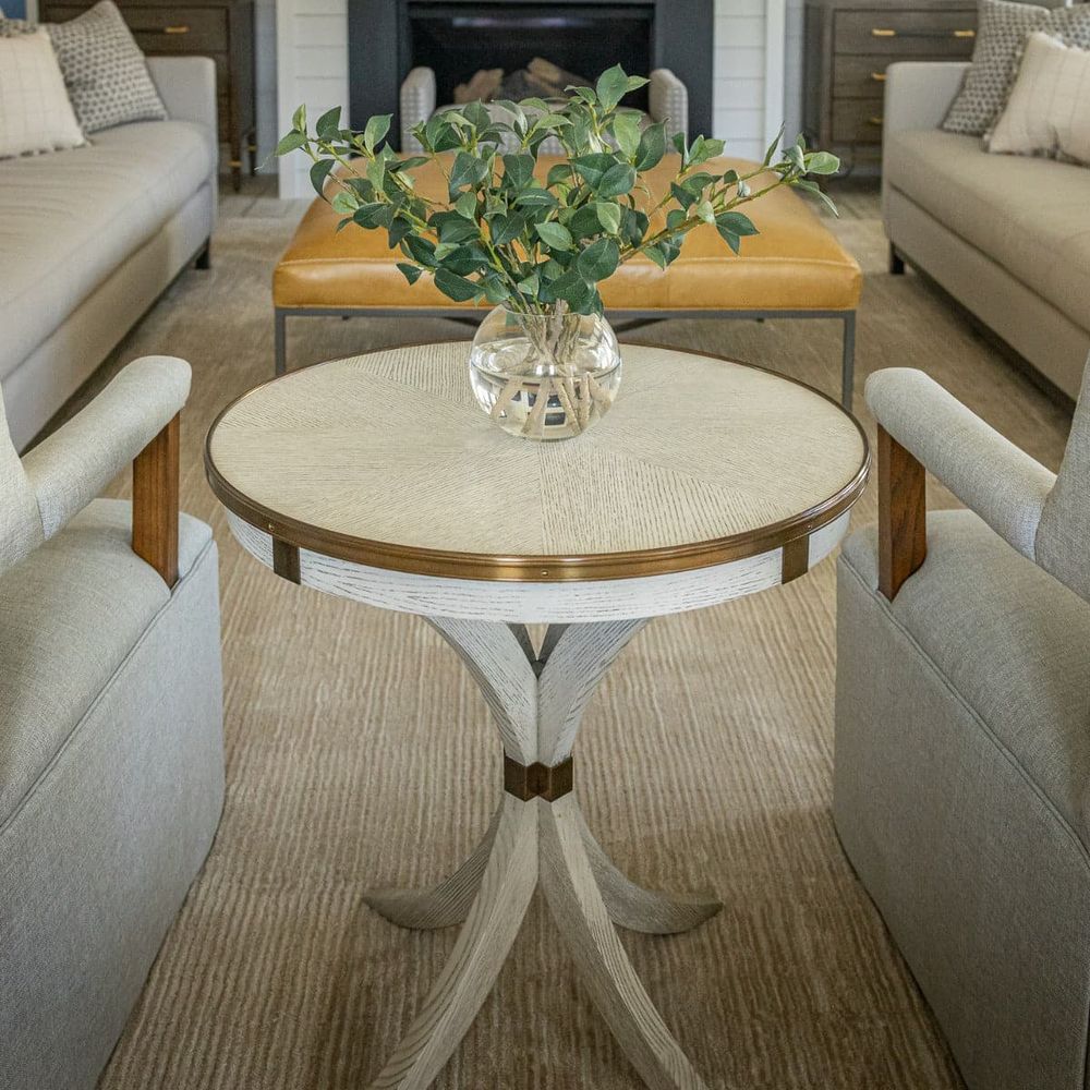 Additional view of Leilani Side Table, featuring brushed brass finish, ash wood veneer, solid wood, and a circular top.