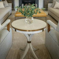 Additional view of Leilani Side Table, featuring brushed brass finish, ash wood veneer, solid wood, and a circular top.