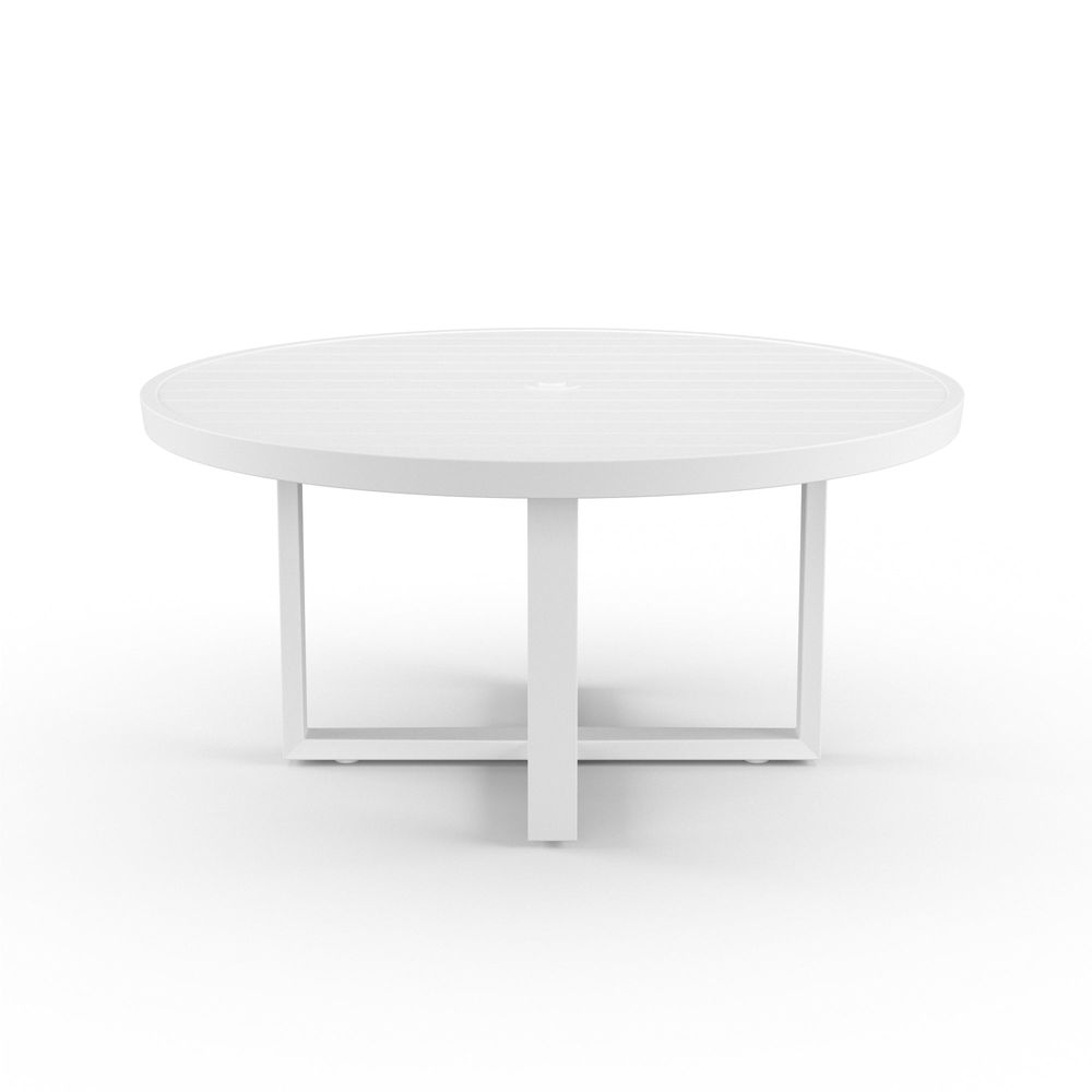 Newport 60" Round Dining Table, shown in white with powder-coated aluminum, metal, and central umbrella hole.