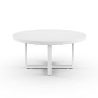 Newport 60" Round Dining Table, shown in white with powder-coated aluminum, metal, and central umbrella hole.