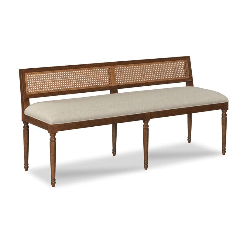Alternate view of Collette Bench, featuring upholstered fabric, wood, cane, and fixed backrest.