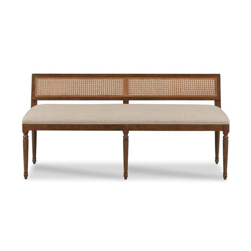 Collette Bench, shown in medium brown and beige with wood, cane, and fixed backrest.