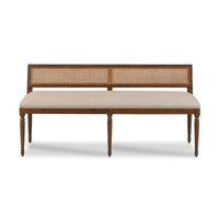 Collette Bench, shown in medium brown and beige with wood, cane, and fixed backrest.