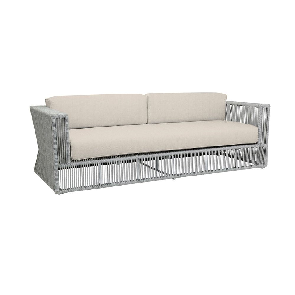 Miami Sofa in Echo Ash w/ Self Welt, shown in ash grey and beige with synthetic rope and outdoor fabric.