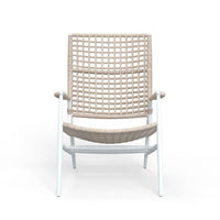 Alternate view of Bahia Highback Accent Chair, featuring matte powder-coated, woven rope, metal, and fixed arms.