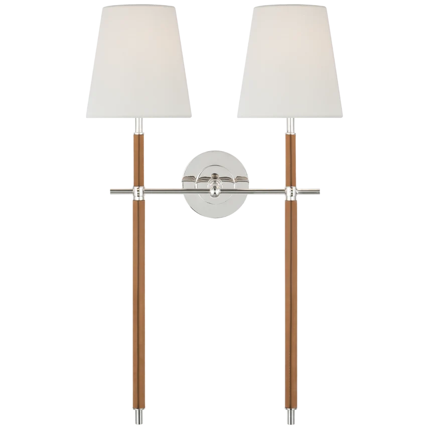 Graham Large Wrapped Double Tail Sconce, shown in off-white and polished nickel with linen fabric and metal.