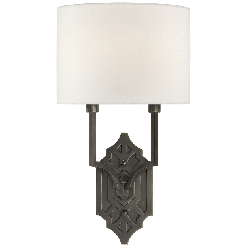 Shiloh Fretwork Sconce, shown in bronze and antique brass with metal, fabric, and wall-mounting hardware.