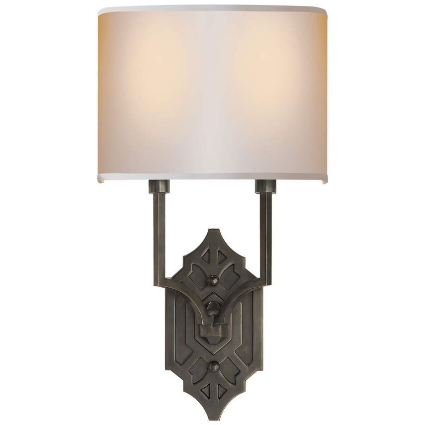 Alternate view of Shiloh Fretwork Sconce, featuring matte finish, metal, fabric, and wall-mounting hardware.