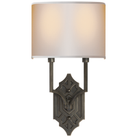 Alternate view of Shiloh Fretwork Sconce, featuring matte finish, metal, fabric, and wall-mounting hardware.