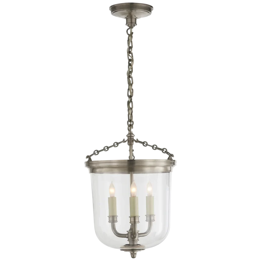 Merry Lantern, shown in brushed nickel and dark bronze with metal, glass, and a ceiling canopy mount.