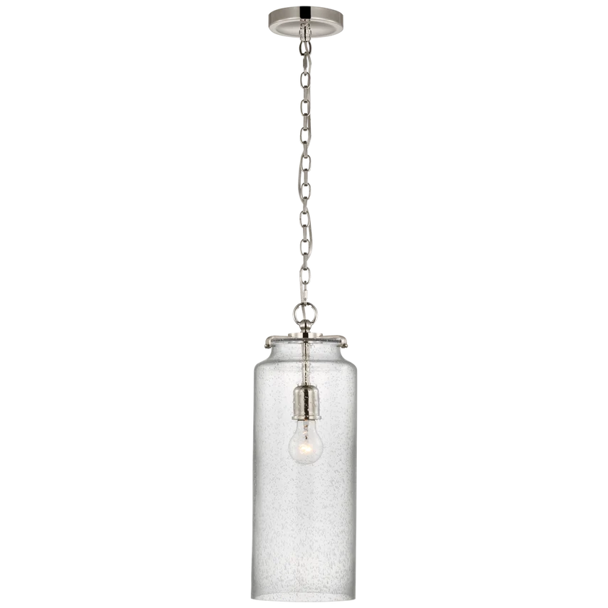 Ava Large Cylinder Pendant, shown in clear and polished nickel with seeded glass, metal, and chain-hung suspension.