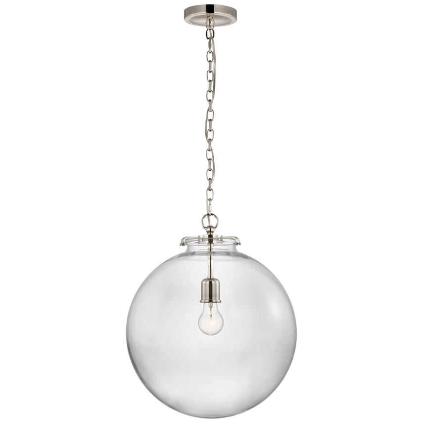 Ava Large Globe Pendant, shown in clear and polished nickel with glass, metal, and chain suspension.