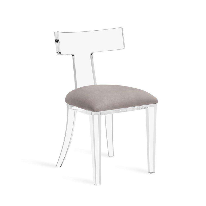 Tristan Acrylic Klismos Chair, shown in clear and taupe with acrylic, upholstery fabric, and armless.
