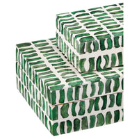 Alternate view of Emerald Box Set of 2, featuring glossy finish, bone, wood, and lidded storage compartments.