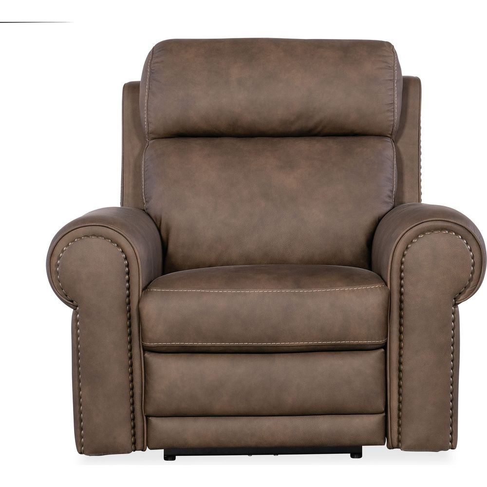 Alternate view of Duncan Power Recliner with Power Headrest & Lumbar in dark brown and taupe brown.