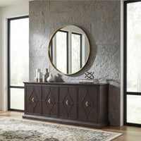 Alternate view of Driftwood Entertainment Credenza, featuring brushed brass finish, wood, metal, and four cabinet doors.