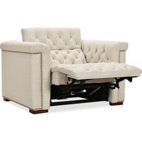 Savion Deux Power Recliner with Power Headrest, shown in beige and cream with fabric, wood, and power reclining mechanism.