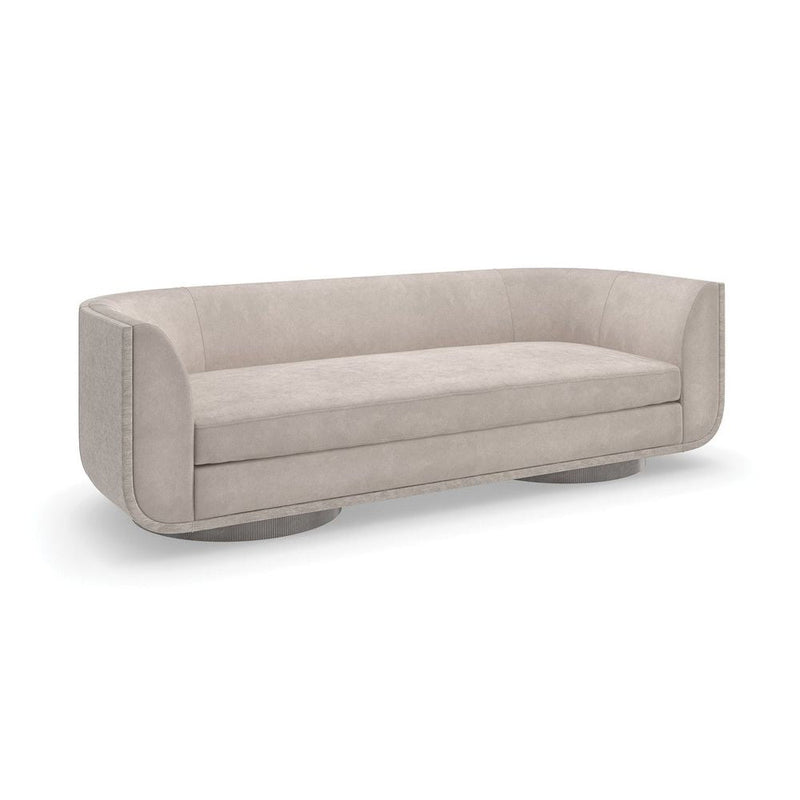 Sailor Sofa, shown in light greige and warm taupe with upholstery fabric, metal, and fixed continuous arms.