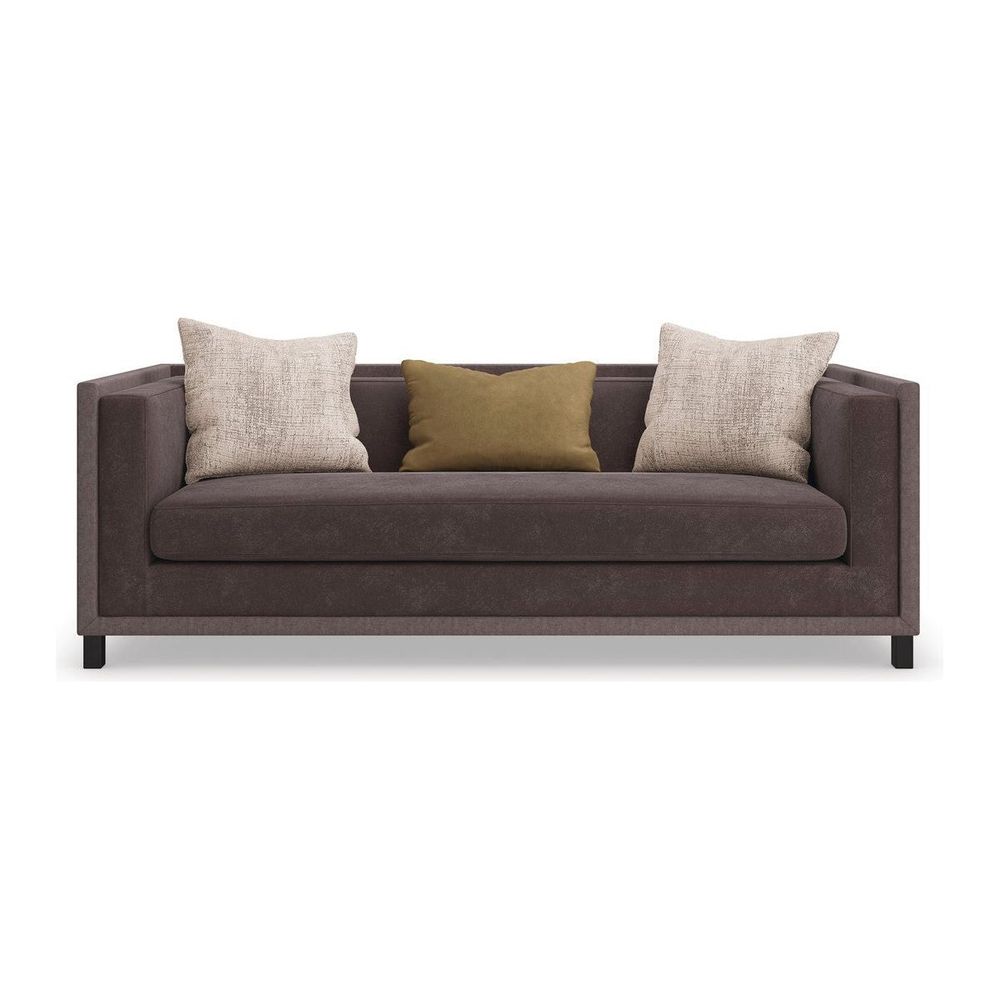 Formal 87" Sofa, shown in dark brown and charcoal brown with fabric, upholstery textile, and fixed track arms.