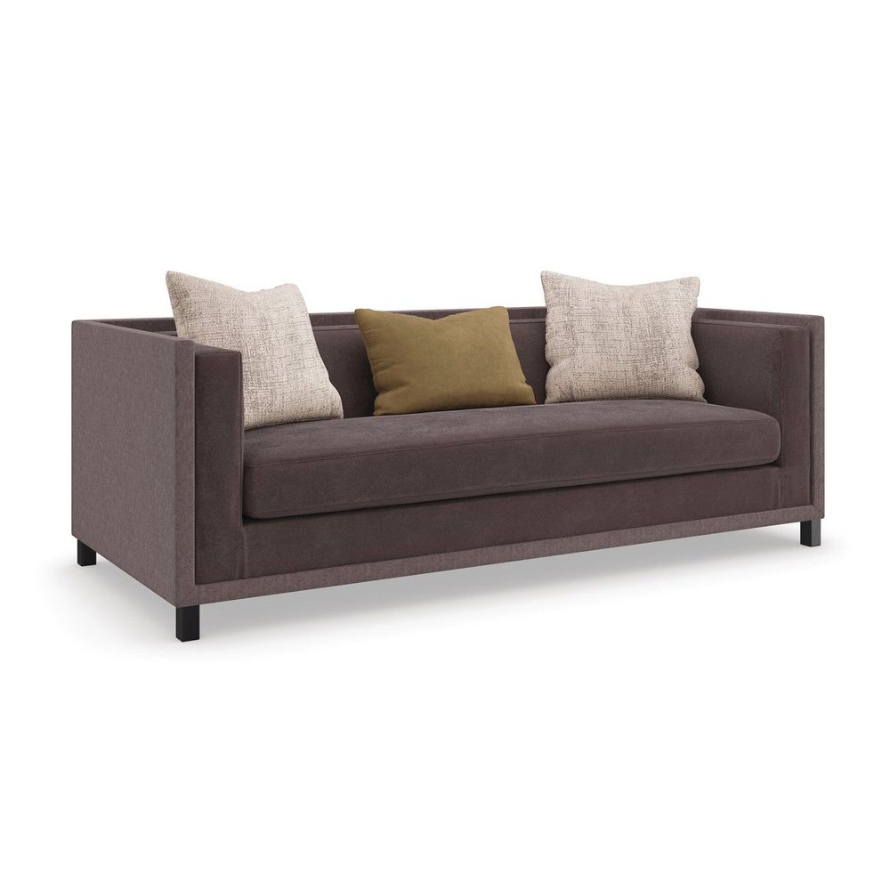 Additional view of Formal 87" Sofa in dark brown and charcoal brown, featuring textured weave finish and fixed track arms.