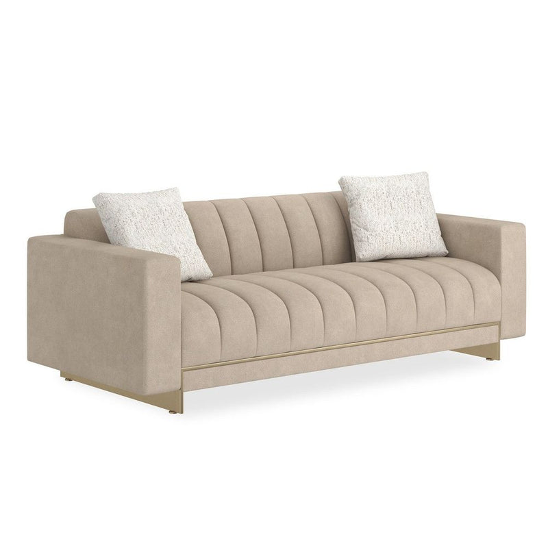 Alternate view of Opus Well Balanced Sofa, featuring matte upholstery finish, fabric, metal, and fixed box arms.
