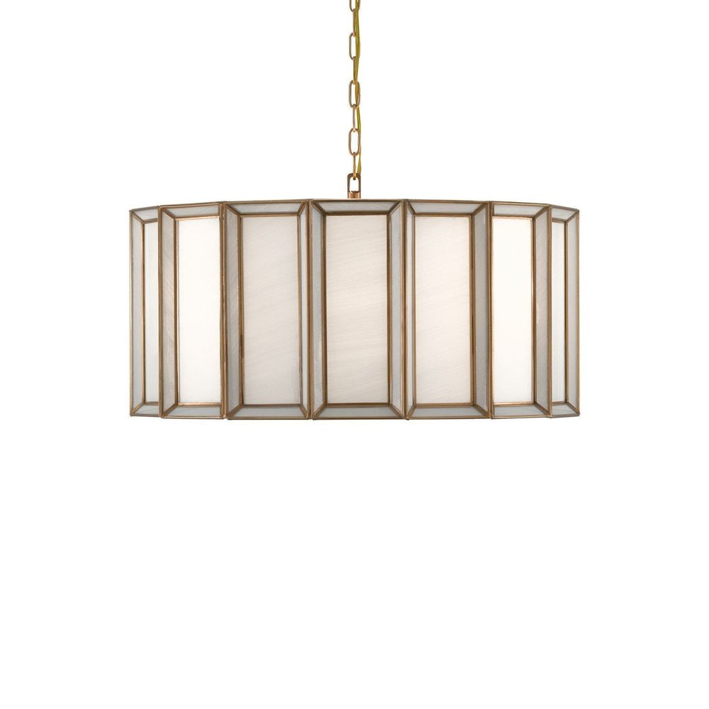 Daze Large Pendant, shown in antique brass and frosted white with brass, frosted glass, and chain-hung pendant suspension.