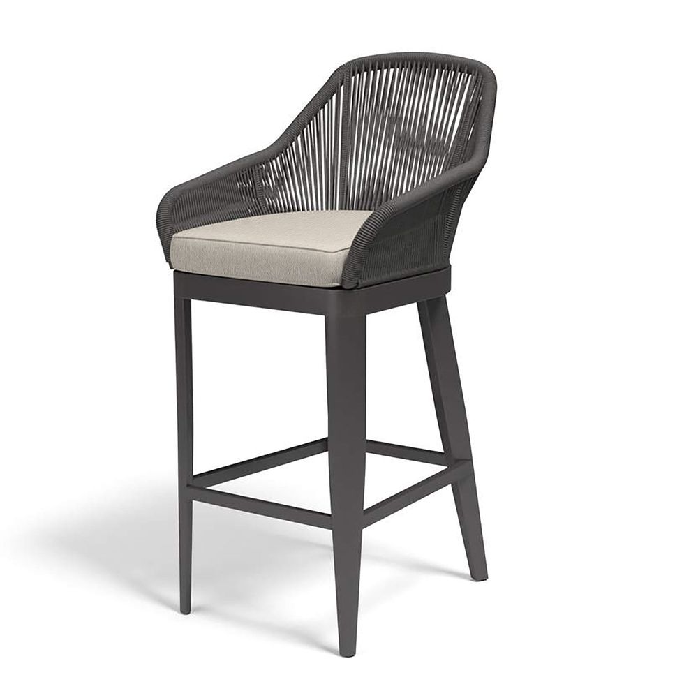 Milano Barstool in Echo Ash w/ Self Welt with woven rope, powder-coated metal, and fixed integrated arms.