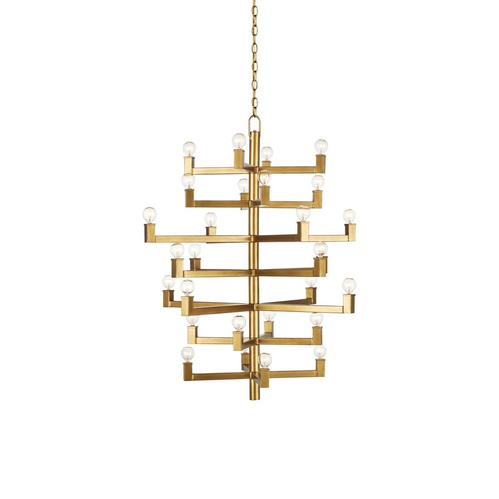 Andre Medium Brass Chandelier, shown in brass gold and warm gold with brass, metal, and chain-hung ceiling suspension.