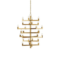 Andre Medium Brass Chandelier, shown in brass gold and warm gold with brass, metal, and chain-hung ceiling suspension.