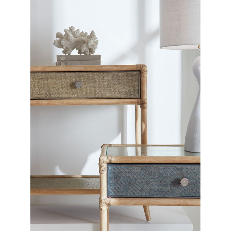 Alternate view of Retreat Pole Rattan Bedside Table in natural blonde and sage olive.