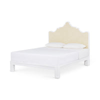 Victoria Headboard With Ryder Bed Frame, shown in white and natural beige with wood and grasscloth.