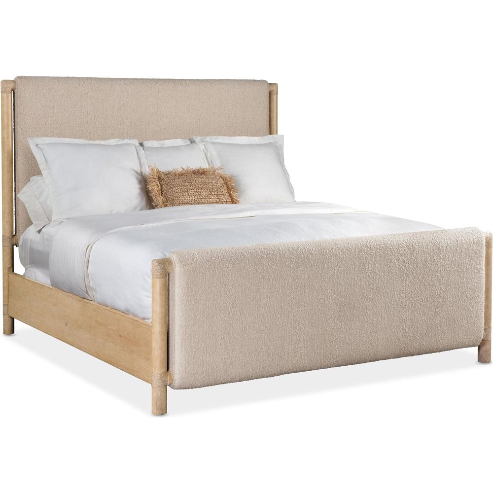 Alternate view of Retreat King Upholstered Panel Bed in beige and natural light wood.