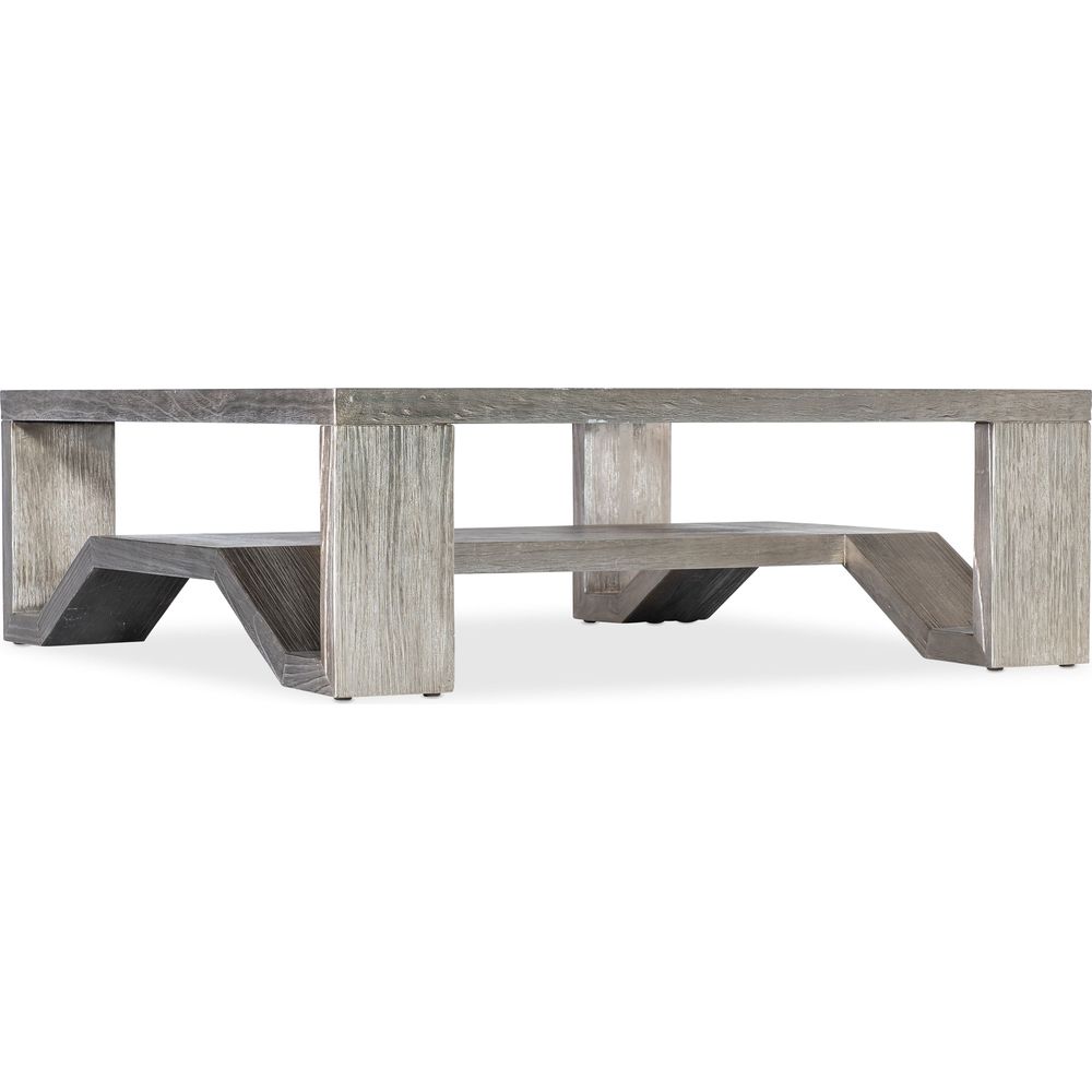 Melange Saber Cocktail Table, shown in silver-gray and weathered gray with wood and integrated lower shelf.