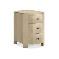 Rose Chairside Chest, shown in light beige and natural tan with wood, figured wood veneer, and three stacked drawers.