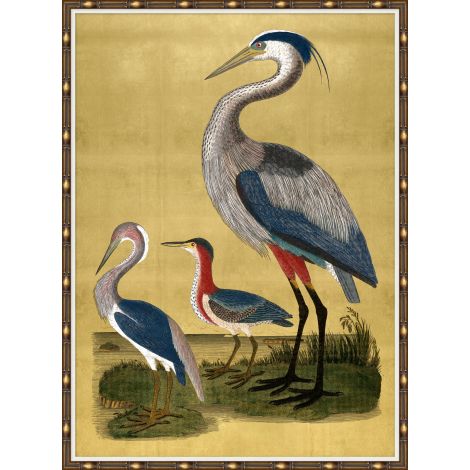 Majestic Cranes On Gold, shown in gold and slate blue with paper print, wood frame, and a ornate perimeter frame.