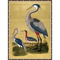 Majestic Cranes On Gold, shown in gold and slate blue with paper print, wood frame, and a ornate perimeter frame.