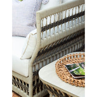 Alternate view of Winder End Table, featuring woven rope, stone composite, and fixed open lattice base.