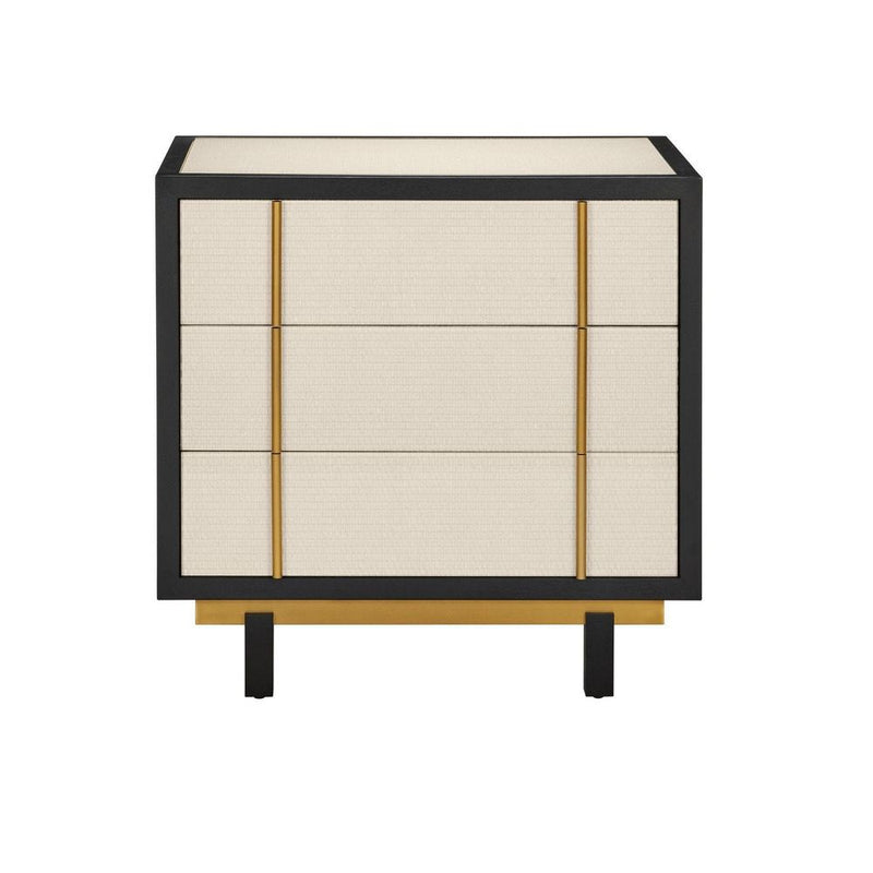Deanna Raffia Nightstand, shown in cream and black with raffia, wood, and three full-width drawers.