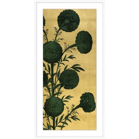 Gilded Floral Panel 3, shown in gold and dark green with paper print, wood frame, and wall-mounting hardware ready.